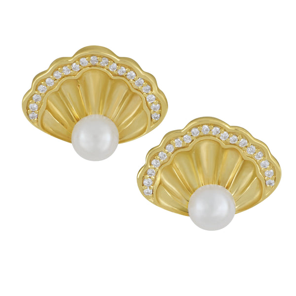 14k Yellow Gold Open Scallop Earrings with Freshwater Pearls & Diamonds, D=.16tw
