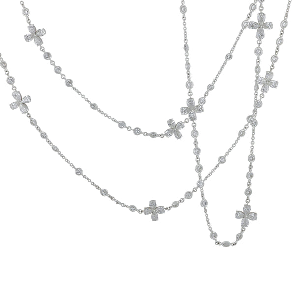 Norman Silverman 18k White Gold Diamond by the Yard with 14 Flower Stations round and Pear-Shaped Diamonds 18.98ctw GH/SI-VS, 48" Necklace
