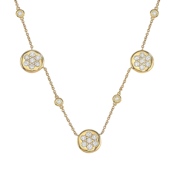DA Gold 14 karat yellow gold three disc Diamond Flower dangle stations Necklace 16.5", D=1.20tw
