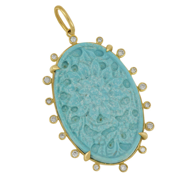 Syna 18 karat Yellow Gold Jardin Carved Turqoise and Champagng Diamond Pendant, CH D=0.18tw with out chain