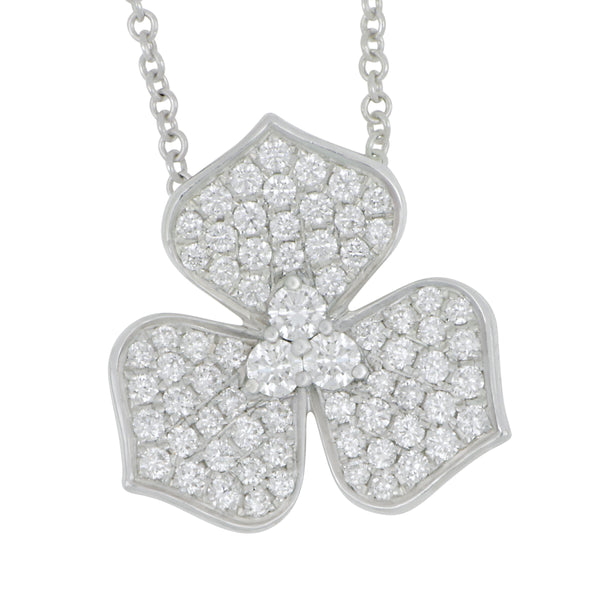 14k White Gold Pave Diamond 3-Petal Flower Necklace 16-18" Adjustable, D=0.74tw GH/SI