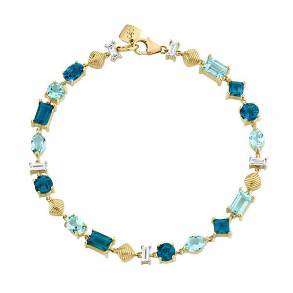 Sloane Street 18 karat yellow gold multi shape Blue Topaz and Diamond Bracelet, Blue Topaz 8.94ctw, D=0.50ctw G/SI