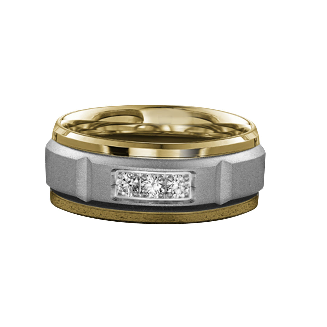 14 Karat White and Yellow Gold Gold 8mm Sandpaper Center and High Polish Edges with 3 Dias.= .15tw Men’s Wedding Band Size 10