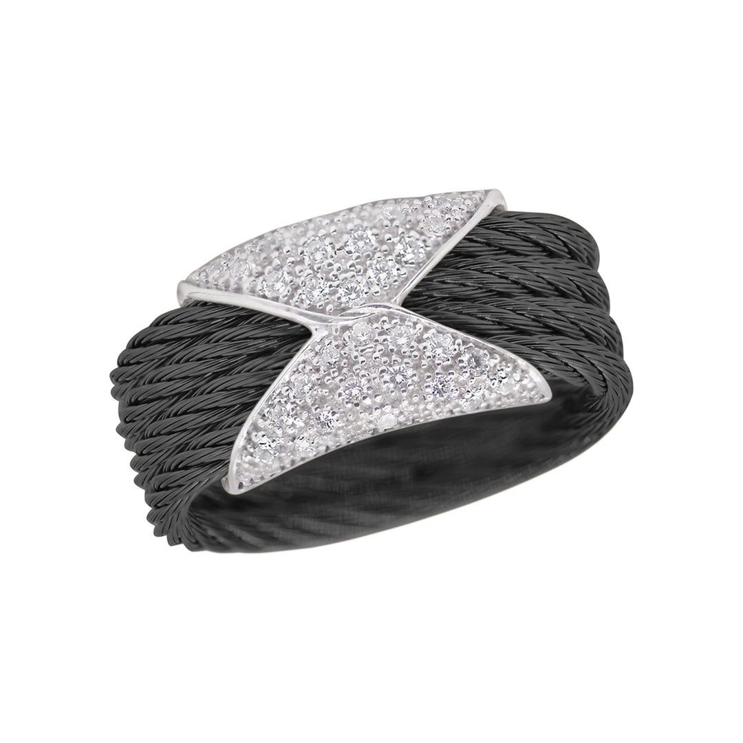 Stainless steel cable, 18 karat White Gold with 0.16 total carat weight of diamonds. Imported.
