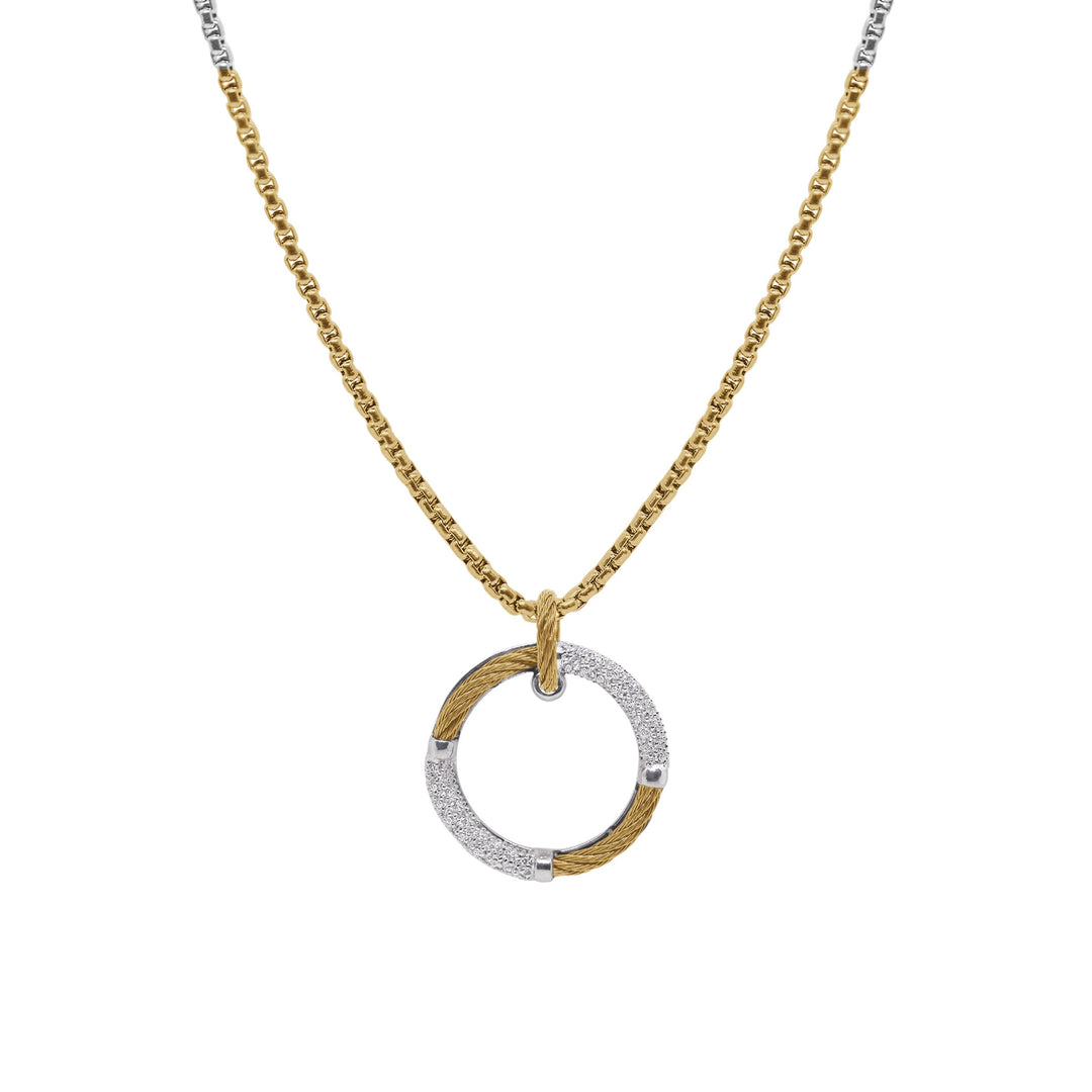 Yellow Cable & Chain Open Circle Necklace with 14kt Gold & DiamondsCable, 14 karat White Gold, 0.16 total carat weight Diamonds and stainless steel. Stainless steel chain necklace length 16.5″ plus 2″ extension. Imported.