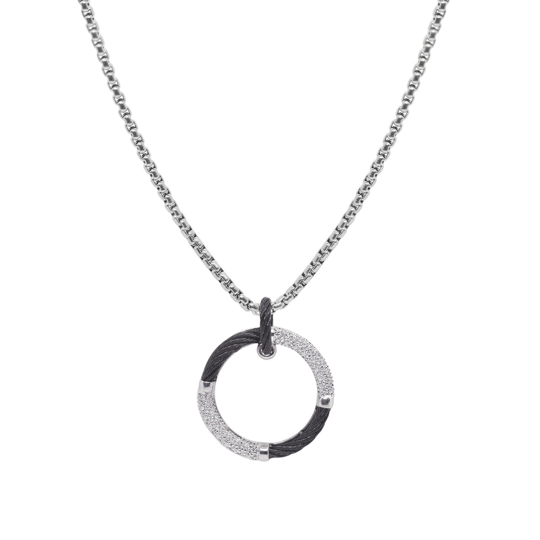 Black Cable & Chain Open Circle Necklace with 14kt Gold & DiamondsCable, 14 karat White Gold, 0.16 total carat weight Diamonds and stainless steel. Stainless steel chain necklace length 16.5″ plus 2″ extension. Imported.
