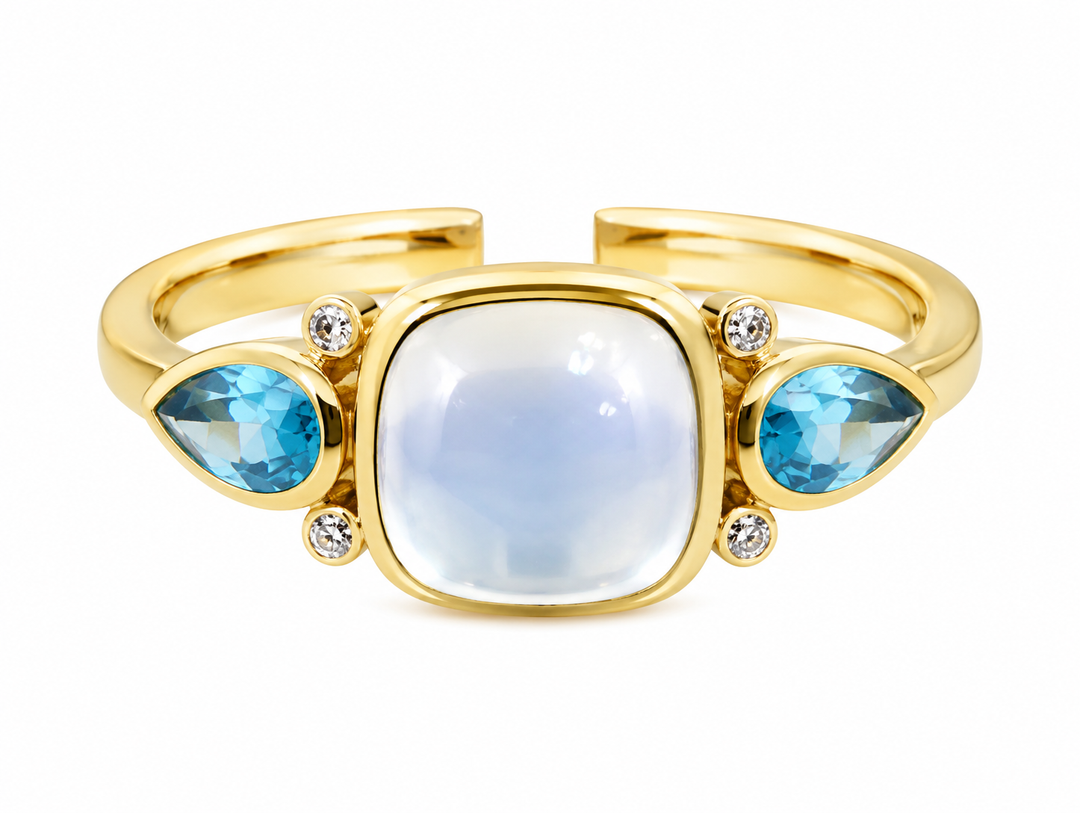 Syna 18K Yellow Gold Mogul Moon Quartz & Blue Topaz 0.03 ctw Diamond Ring, Size 7