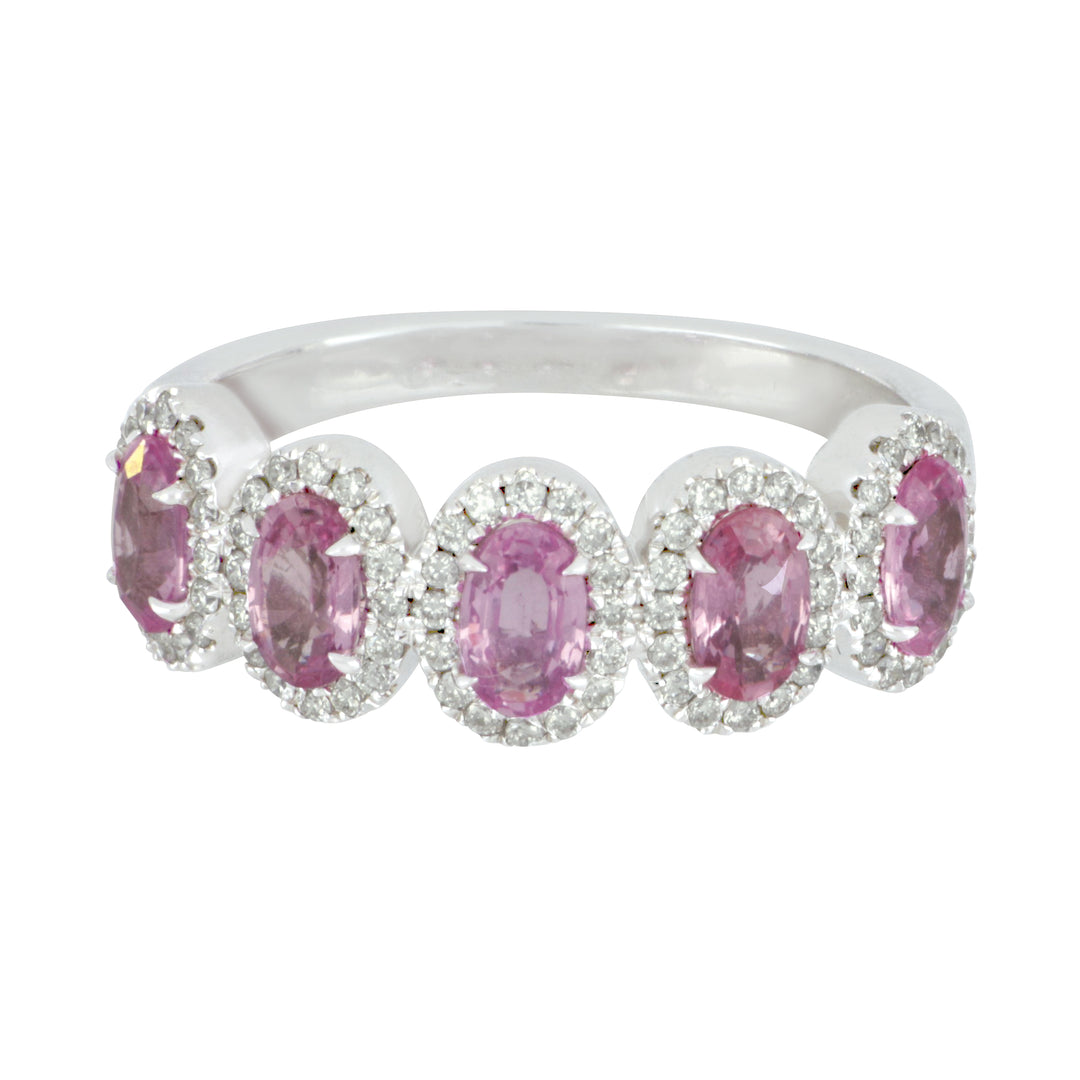 14K White Gold Five-Stone Oval Pink Sapphire Ring - 1.34 CTW & Diamond - 0.27 CTW - Size 6.5