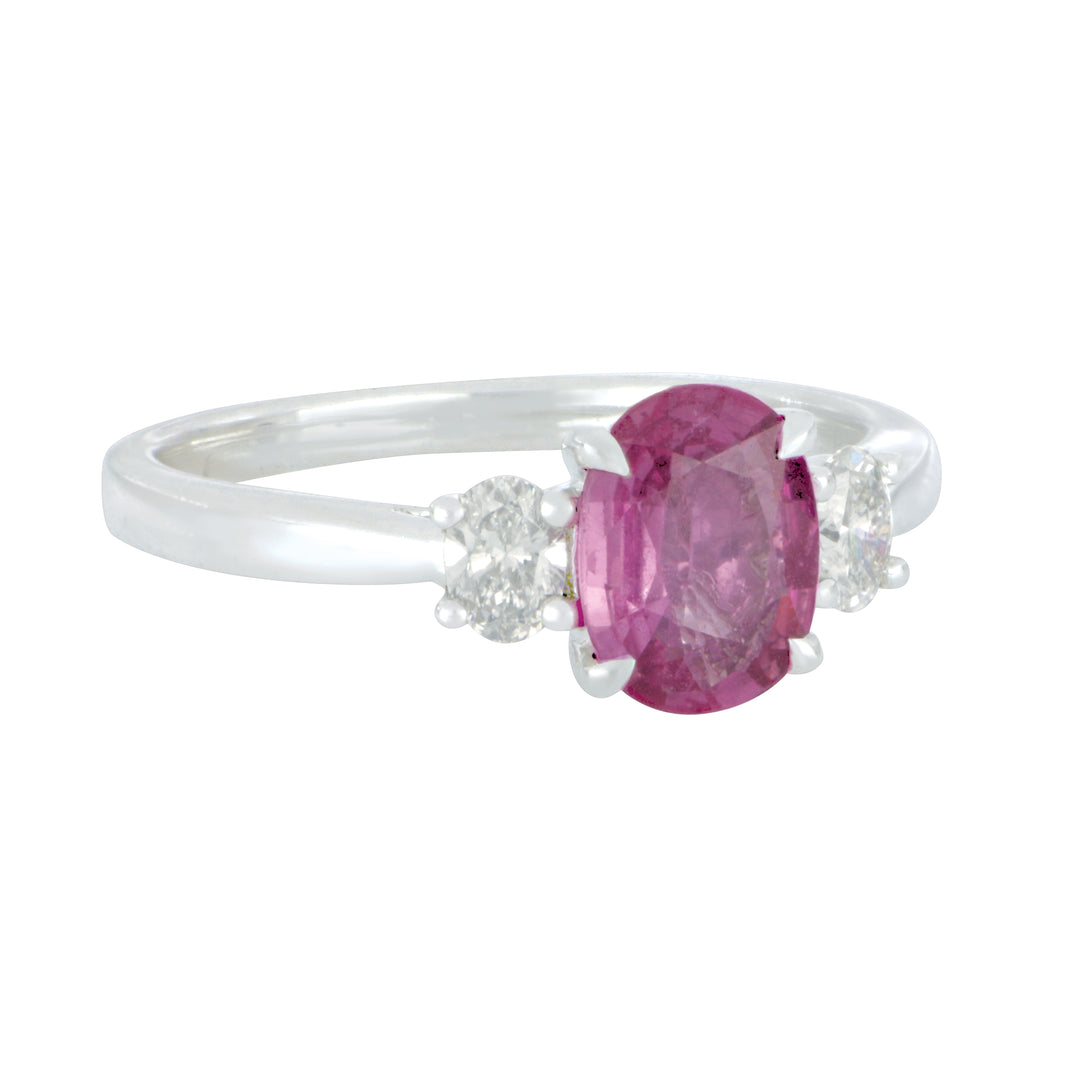 14K White Gold Oval Pink Sapphire Ring - 1.32 CT & Diamond - 0.30 CTW - Size 6.5