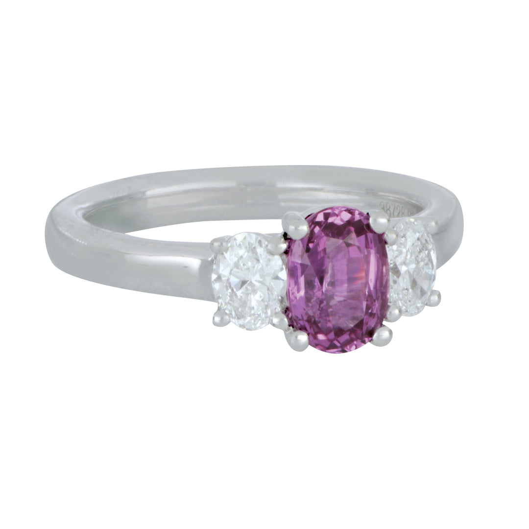Platinum Three-Stone Oval Pink Sapphire Ring - 1.41 CT & Diamond - 0.63 CTW - Size 6.5