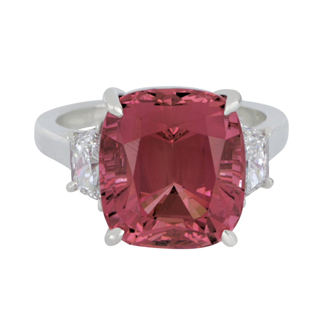 Platinum Cushion Pink Tourmaline Ring - 8.70 CT & Diamond - 0.58 CTW - Size 6.5