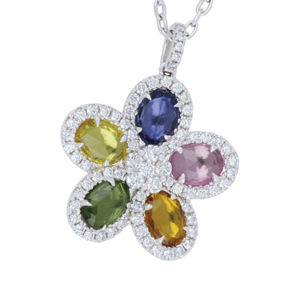 18K White Gold Floral Oval Sapphire Pendant - 3.53 CTW & Diamond - 1.01 CTW