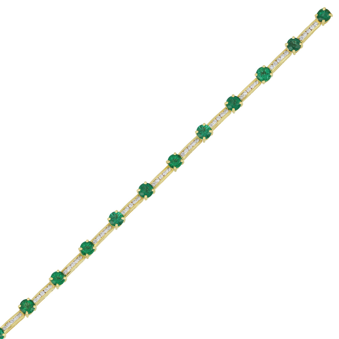 18K Yellow Gold Channel-Set Round Emerald & Diamond Bracelet, Emerald 6.77 Ct, Diamond 1.29 Ct, 7"