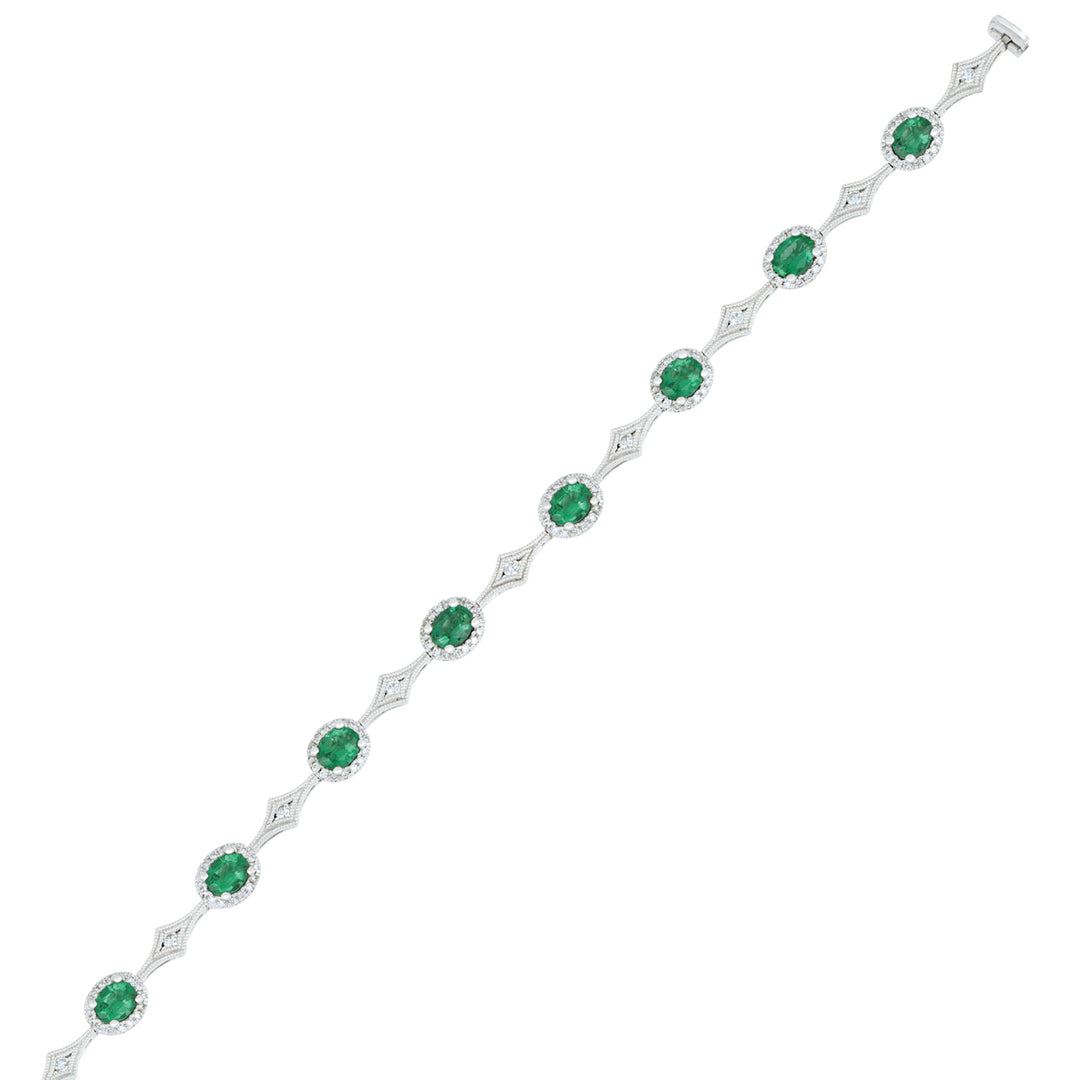 18K White Gold Milgrain Antique-Style Oval Emerald & Diamond Bracelet, Emerald 2.79 Ct, Diamond 0.84 Ct, 7"