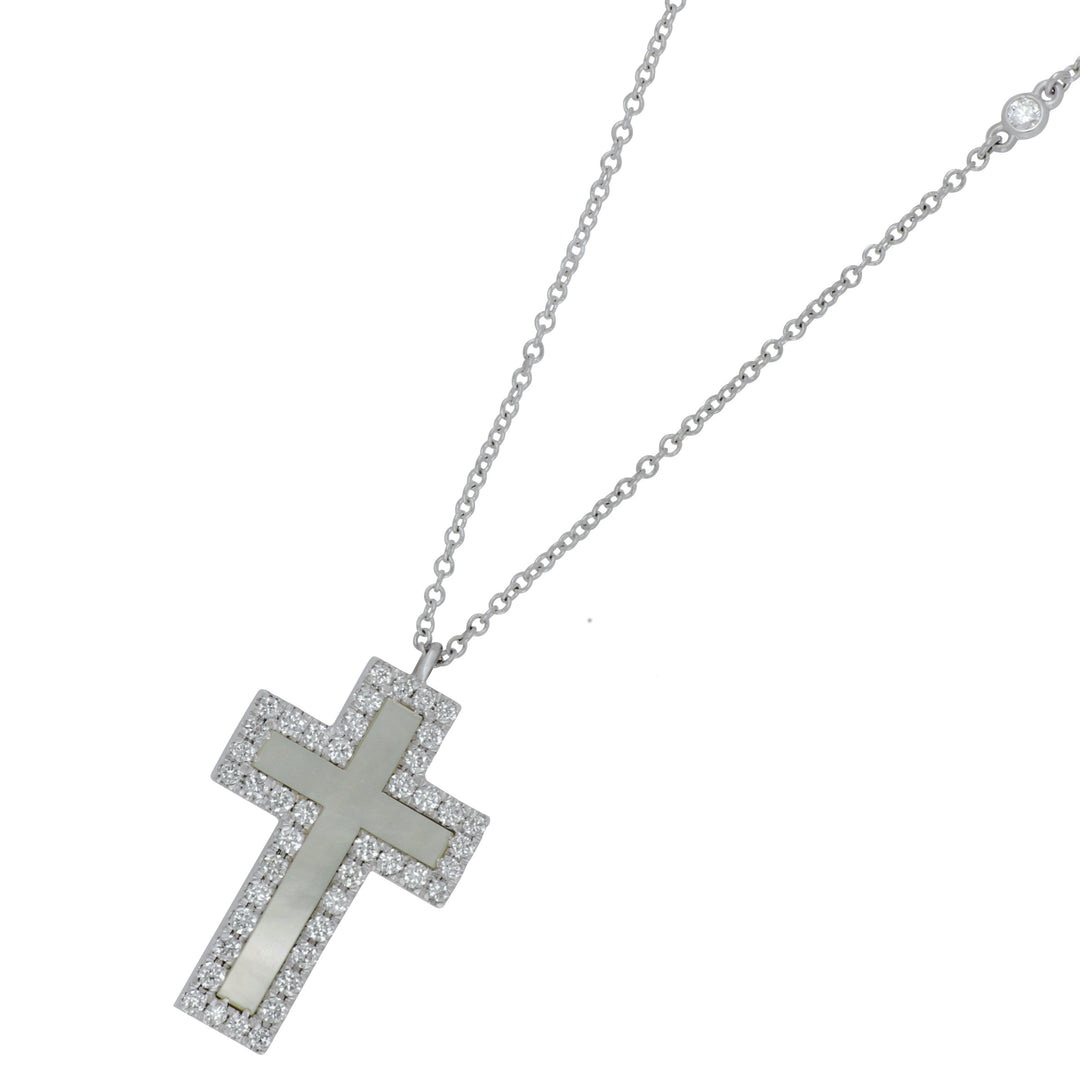 14k White Gold Mother of Pearl Cross and Diamond Necklace & D=0.45TW GH/SI NK CABLE CHN 18" length