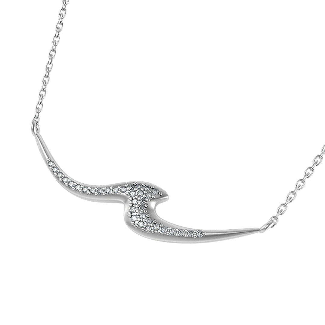 14k White Gold Straight Wave Diamond Pave Necklace