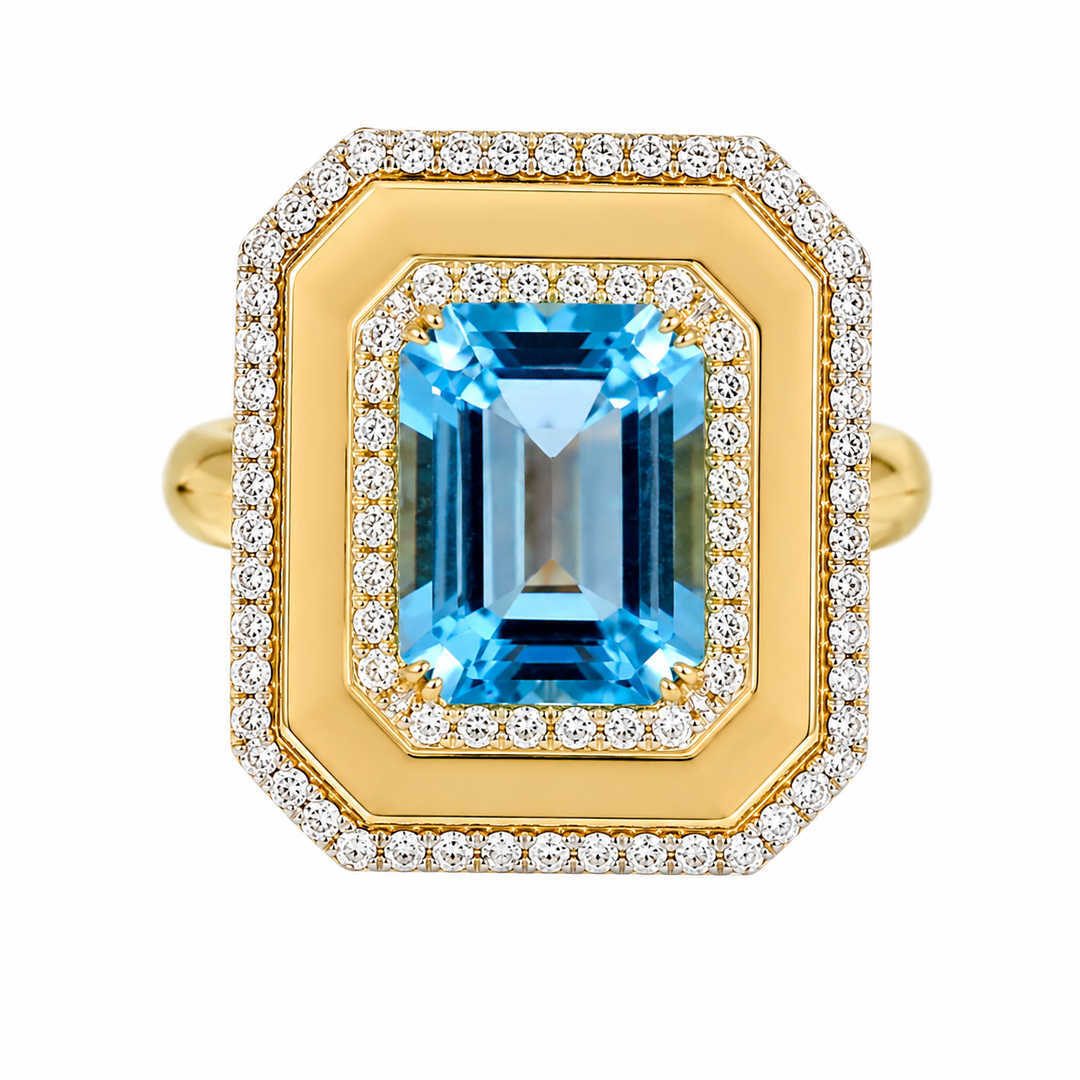 Syna 18K Yellow Gold Blue Topaz 0.35 ctw Diamond Ring, Size 7