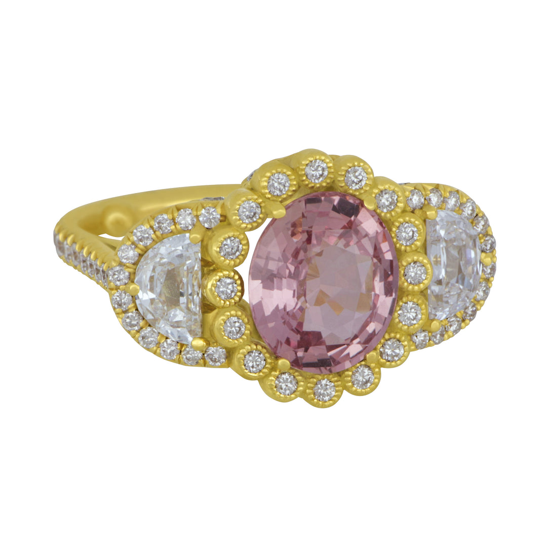Erica Courtney 18k Yellow Gold Pink Sapphire and Diamond Halo ring with 2 Half Moon Diamonds (PADPRA SAPH=3.11TW HMD=.71TW D=1.20TW RG)