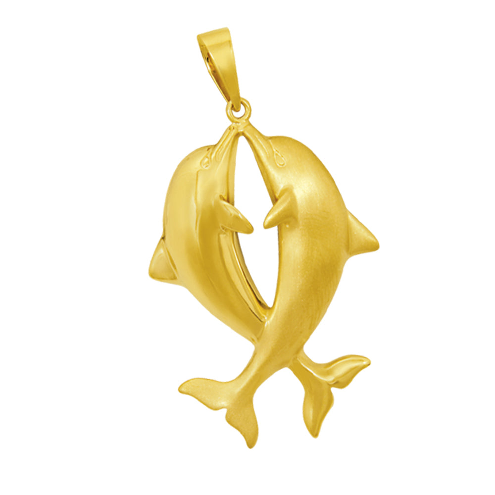 14K Yellow Gold Large Kissing Dolphin Pendant