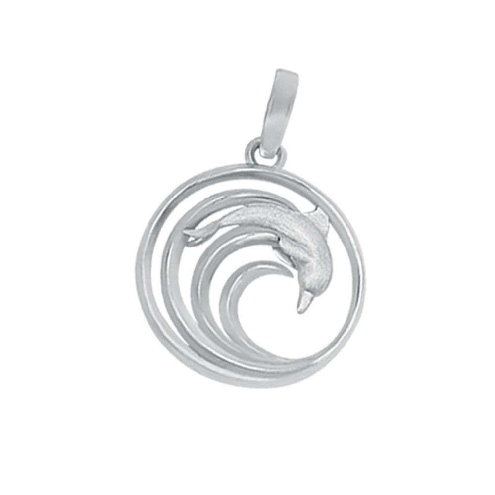 14K White Gold Round Wave with Dolphin Pendant