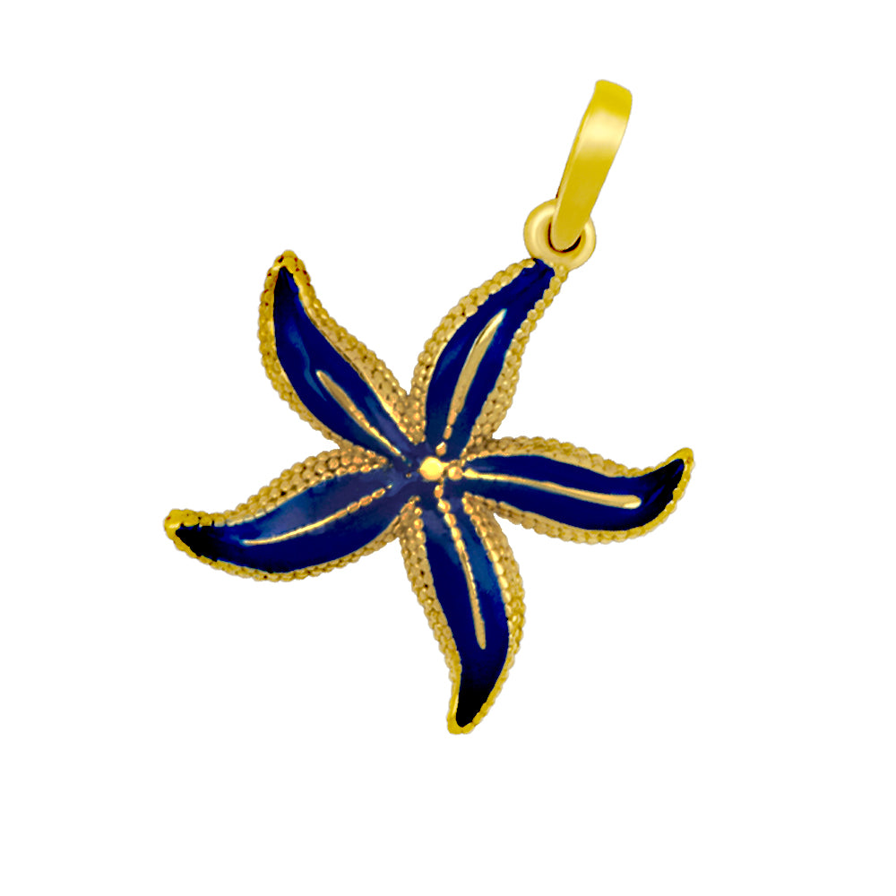 14K Yellow Gold Large Blue Enamel Starfish Pendant