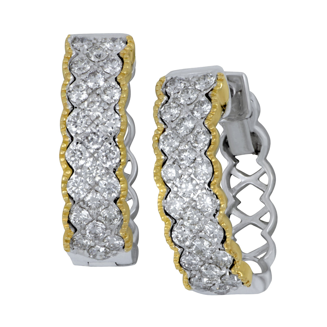 14k White and Yellow Gold Two Tone Scallop Medium Hoop Earrings 3 ROW 48D=1.10TW HI/SI