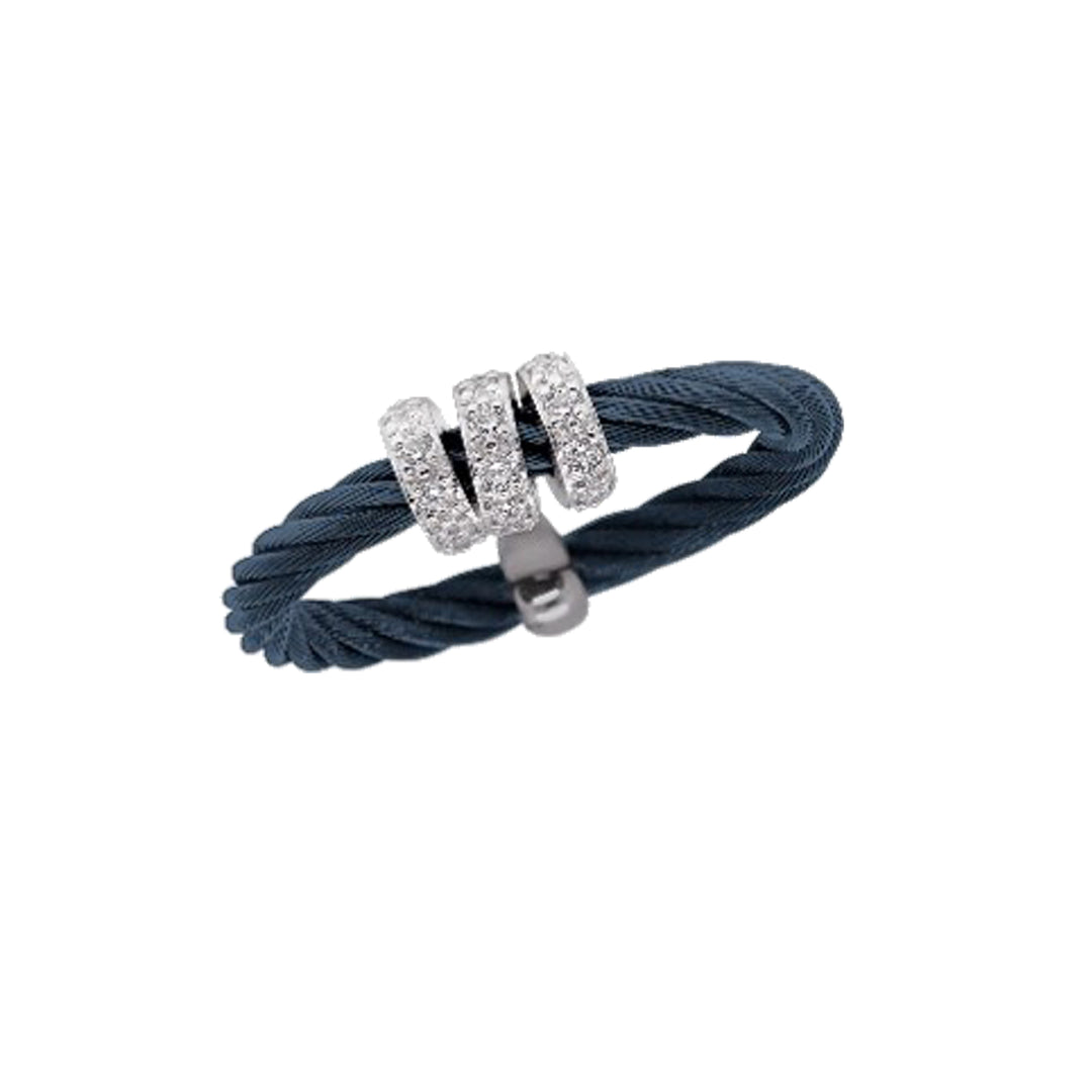 Alor Caribbean Blue Single Halo Band Ring Stainless Stell Cable 14Kt White Gold .17 Total Carat Weight