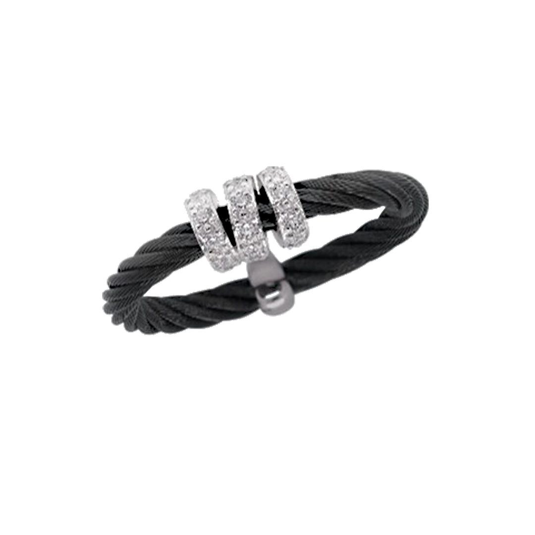 Alor Black Single Halo Band Ring Stainless Stell Cable 14Kt White Gold .17 Total Carat Weight