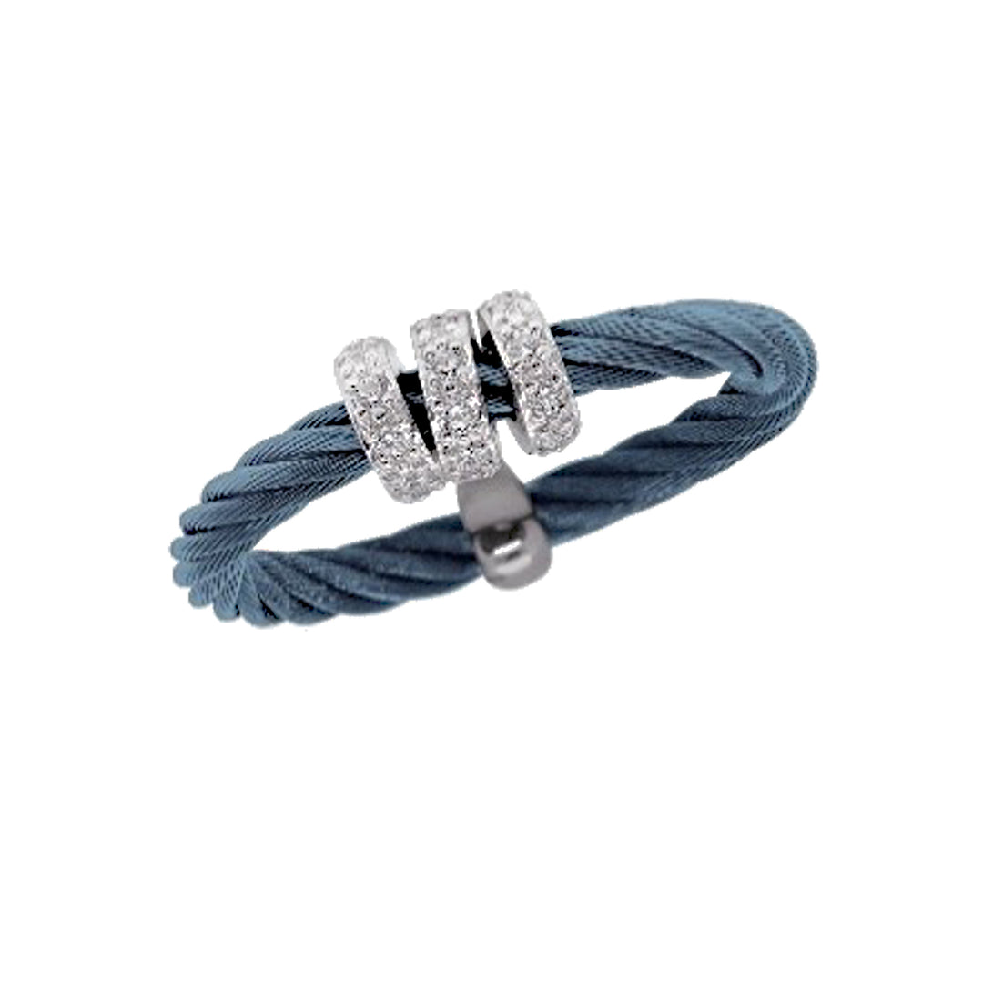 Alor Bluberry Single Halo Band Ring Stainless Stell Cable 14Kt White Gold .17 Total Carat Weight