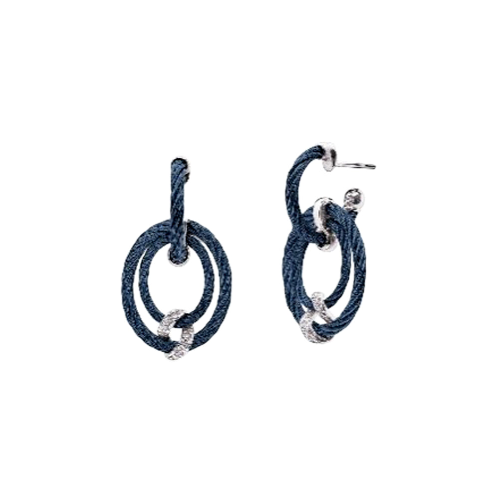 Alor Bluberry Wrap Halo Drop Earrings Stainless Steel Cable 14Kt White Gold, .13Cts, 14Kt White Gold Posts With 14Kt White Gold Butterfly Backs