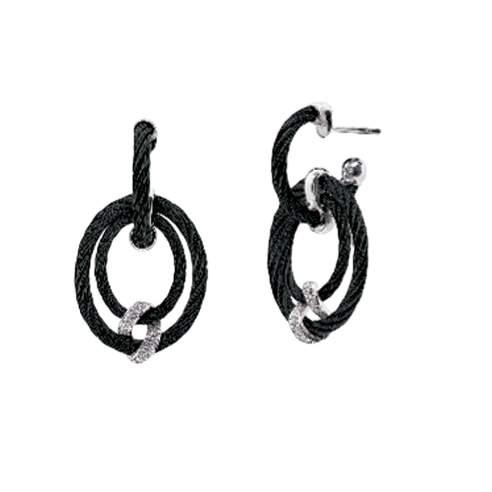 Alor Black Wrap Halo Drop Earrings Stainless Steel Cable 14Kt White Gold, .13Cts, 14Kt White Gold Posts With 14Kt White Gold Butterfly Backs