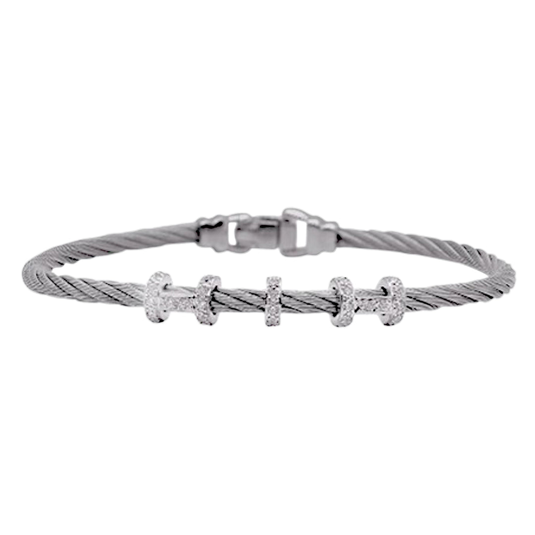 Alor Grey Double Halo Harmony Bracelet Stainless Steel Cable 14Kt White Gold .44Cts