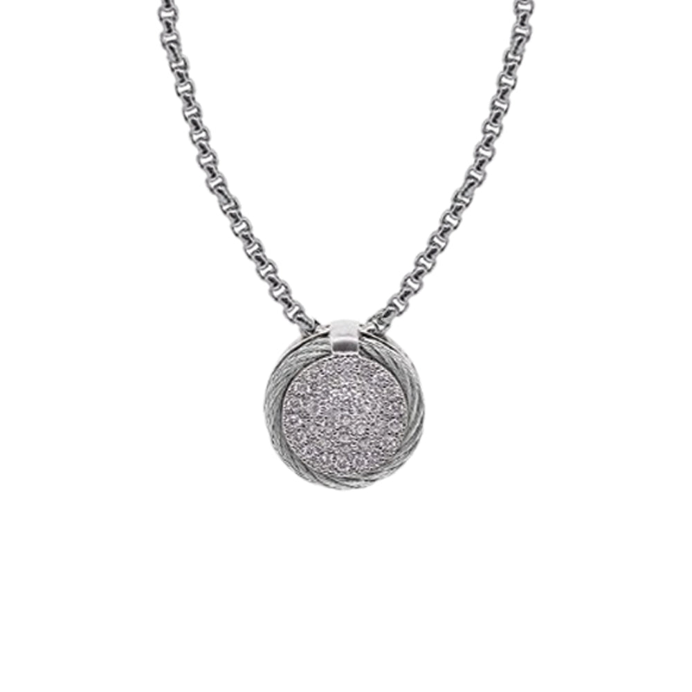 Alor Grey Round Pave Double Frame Necklace Stainless Steel Chain 14Kt White Gold .18Tw 16.5" With 2" Extender