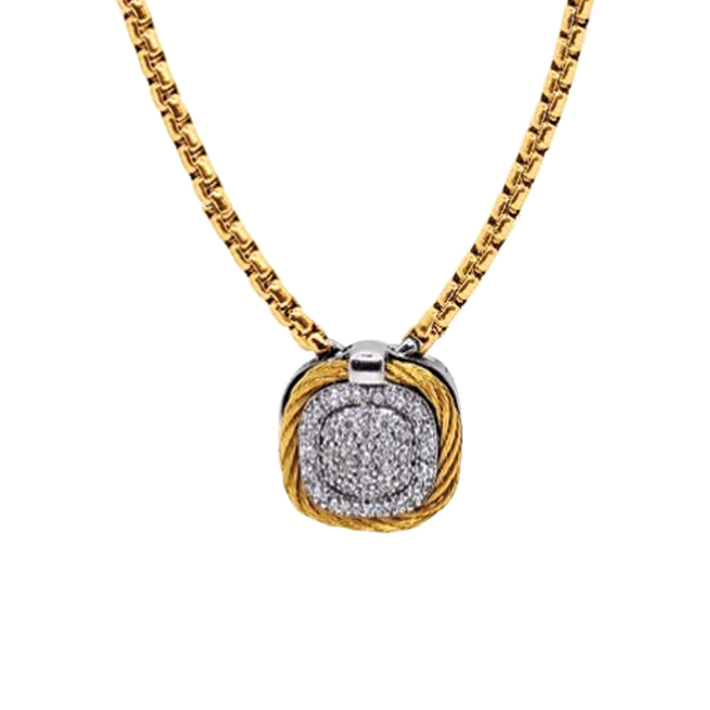 Alor Yellow Square Pave Double Frame Necklace Stainless Steel Chain 14Kt White Gold .19Tw 16.5" With 2" Extender