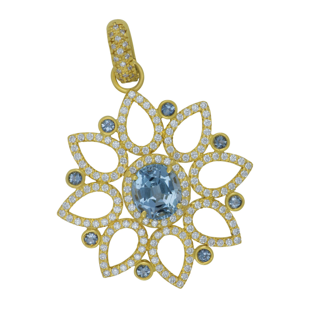 Erica Courtney 18k Yellow Gold Pendant Vivid Oval Aquamarine=2.46CT 8 AQ=0.30TW BAIL PETALS D=1.36TW
