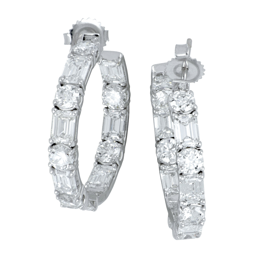 Bez Ambar 18K White Gold Alternating Emerald-Cut & Round Diamond Hoop Earrings, Emerald-Cut 7.56 Ct, Round 3.67 Ct