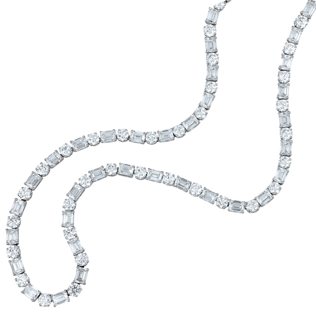 Bez Ambar 18K White Gold Alternating Emerald-Cut & Round Diamond Necklace, Emerald-Cut 23.41 Ct, Round 14.67 Ct, 18"