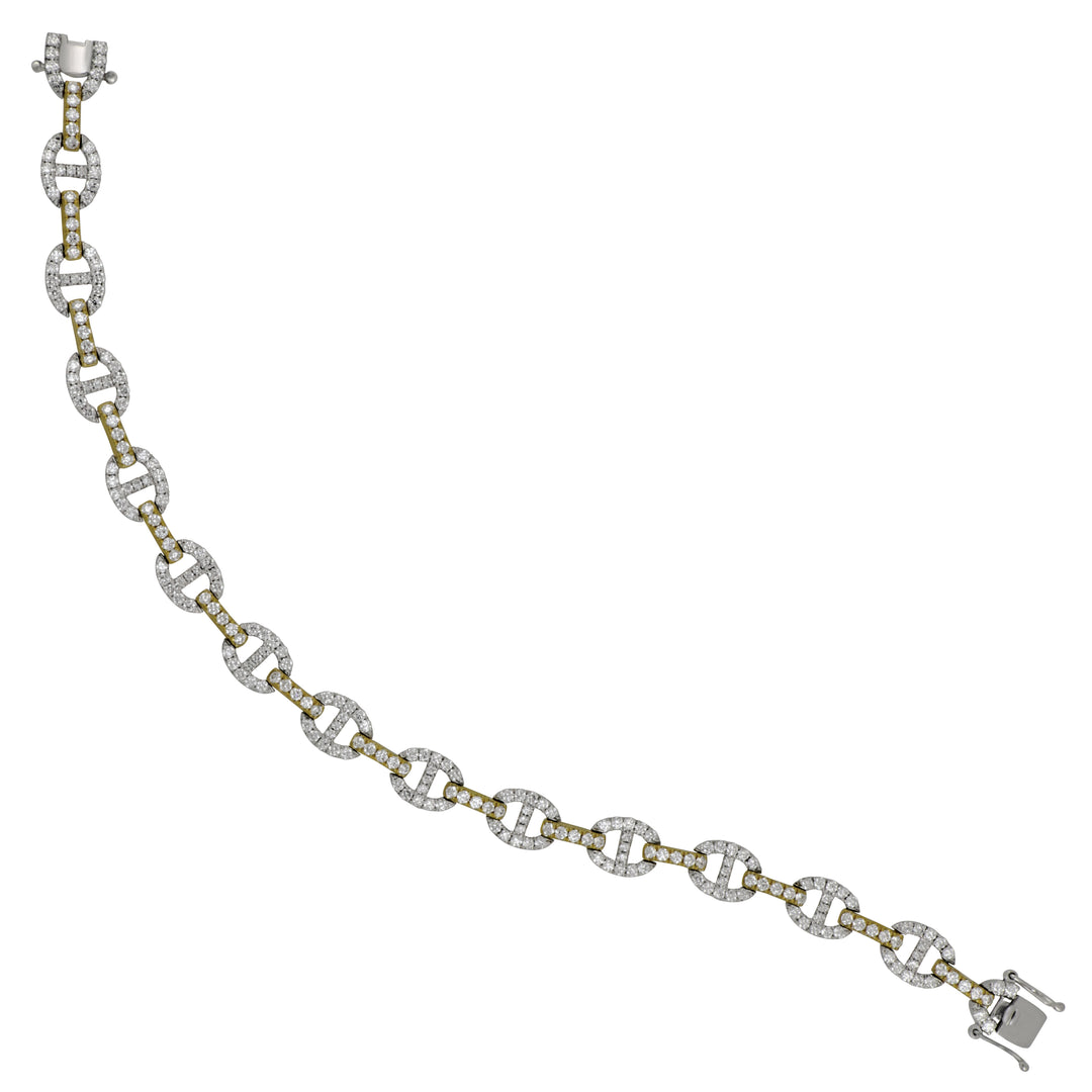 18 Karat White and Yellow Gold 7" Diamond Oval Link with Center Line Bracelet, Dias=2.84tw GH/SI