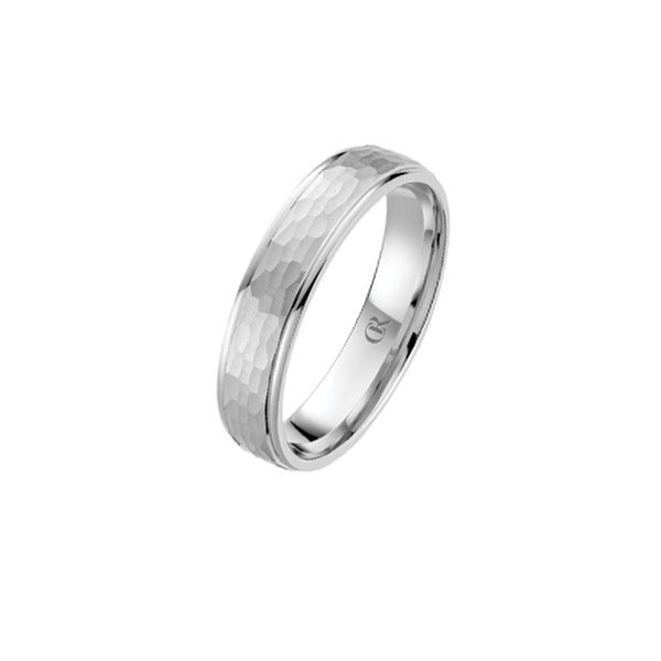 CrownRing 14K Light Version White Sandblast Hammered Center & High Polish Edges Wedding Band