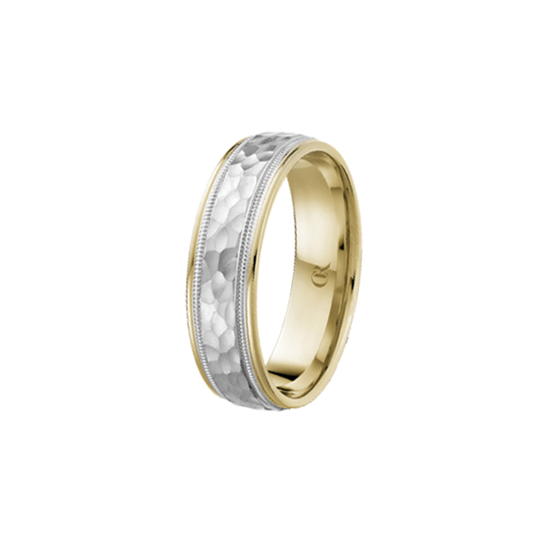 14k Yellow and White Gold two tone 6mm band with Hammered Finish wedding band