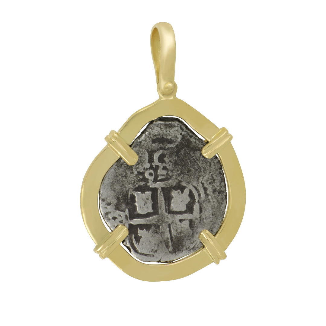 14K Yellow Gold Mounted Fleet 1-Reale Coin Pendant, 3.4g, Sterling Silver 925 #73