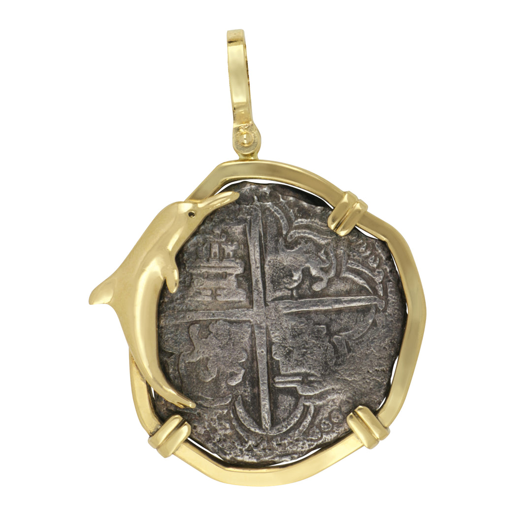 14K Yellow Gold Dolphin Bezel Mounting with Atocha Coin #10211, Philip III Potosi