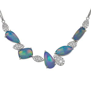 David Kord 14 Karat White Gold 15-16" Double Chain Mixed Shape Opal and Diamond Necklace, 5Op=13.93tw, 80Dias=1.54ct