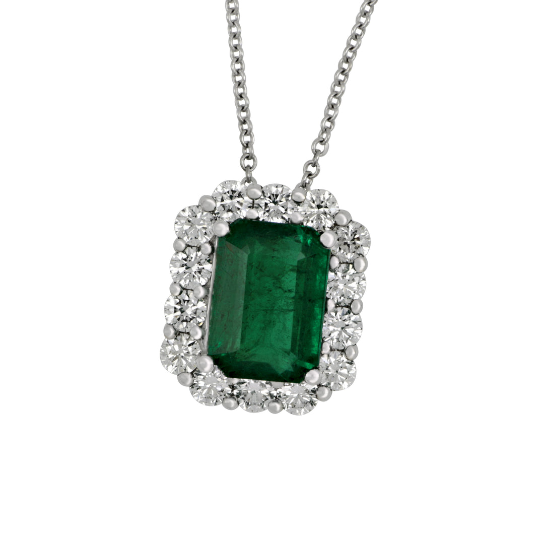 18k White Gold 18" Emerald with Diamond Halo Necklace, Em=2.60ct, 14Dias=1.02tw GH/SI