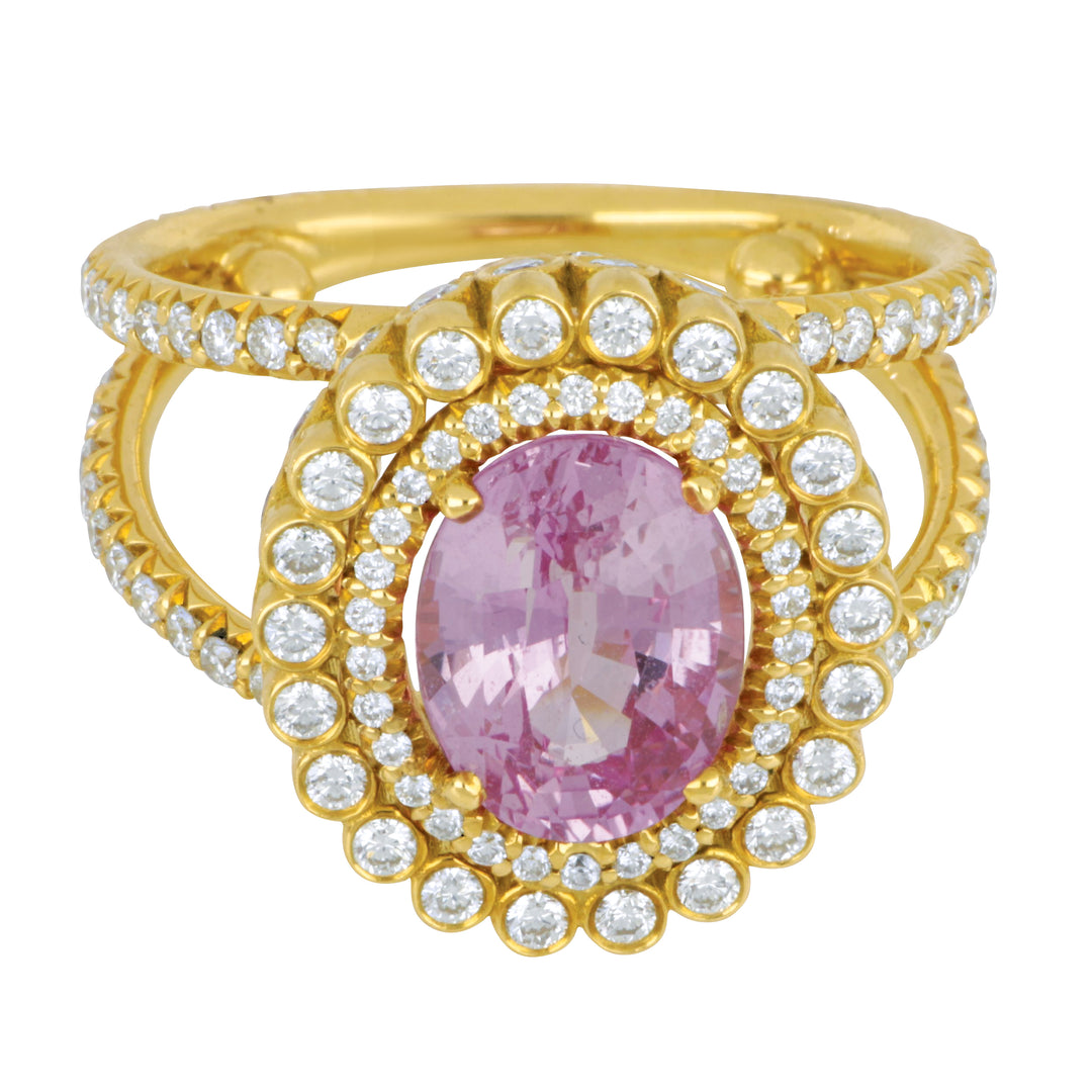 Erica Courtney 18K Yellow Gold Oval Pink Sapphire & Diamond Ring, Sapphire 3.54 Ct, Diamonds 1.62 Ct