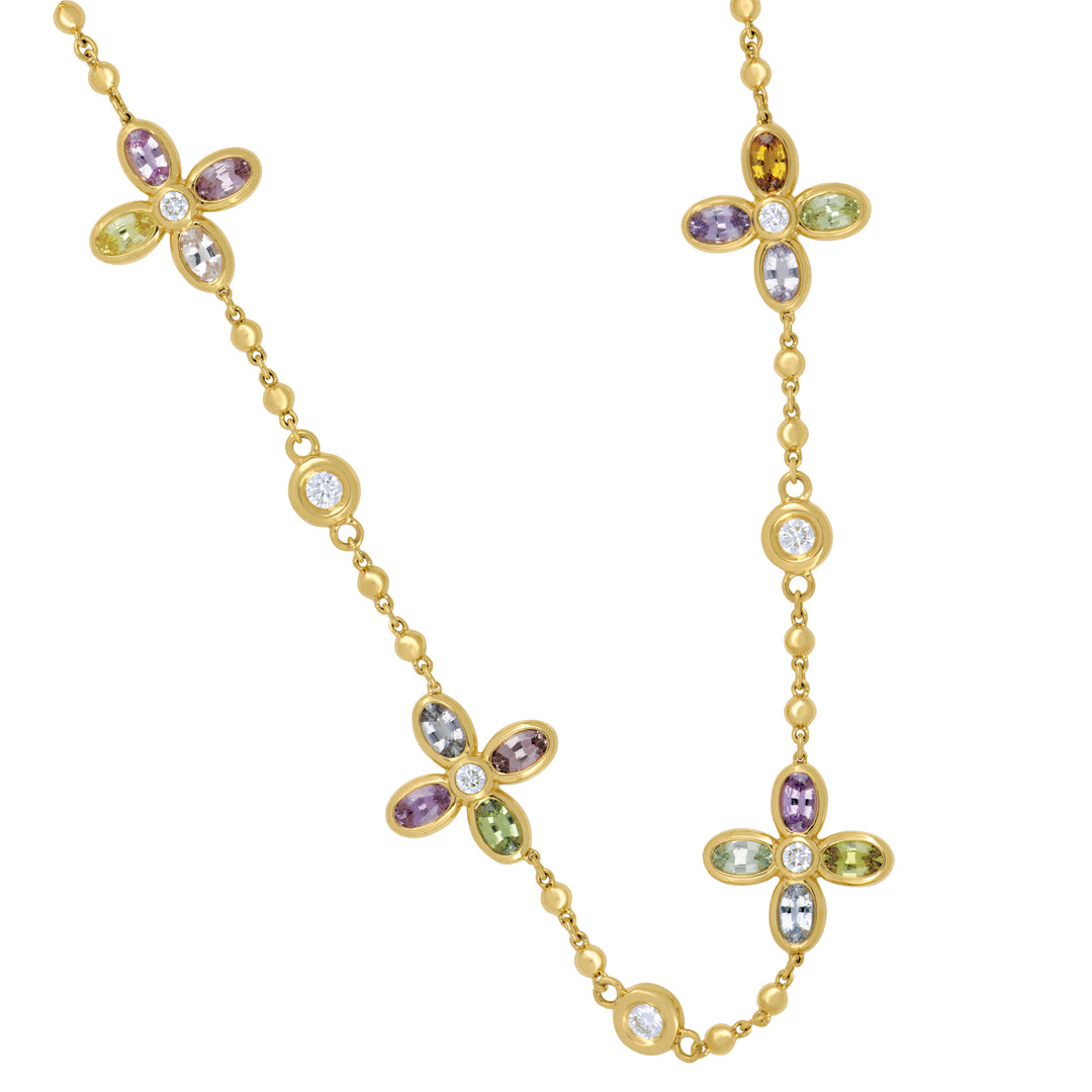 Erica Courtney 18K Yellow Gold Multi-Color Sapphire & Diamond Flower Necklace, Sapphires 11.20 Ct, Diamonds 1.99 Ct, 20