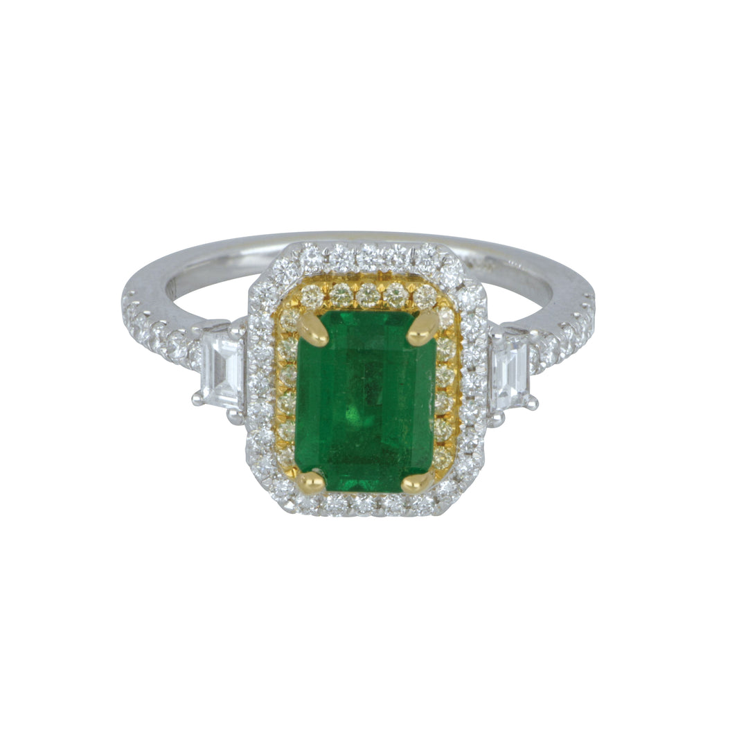 18K White & Yellow Gold Emerald-Cut Emerald & Diamond Ring, Emerald 1.75 Ct, Diamond 0.69 Ct, Size 6