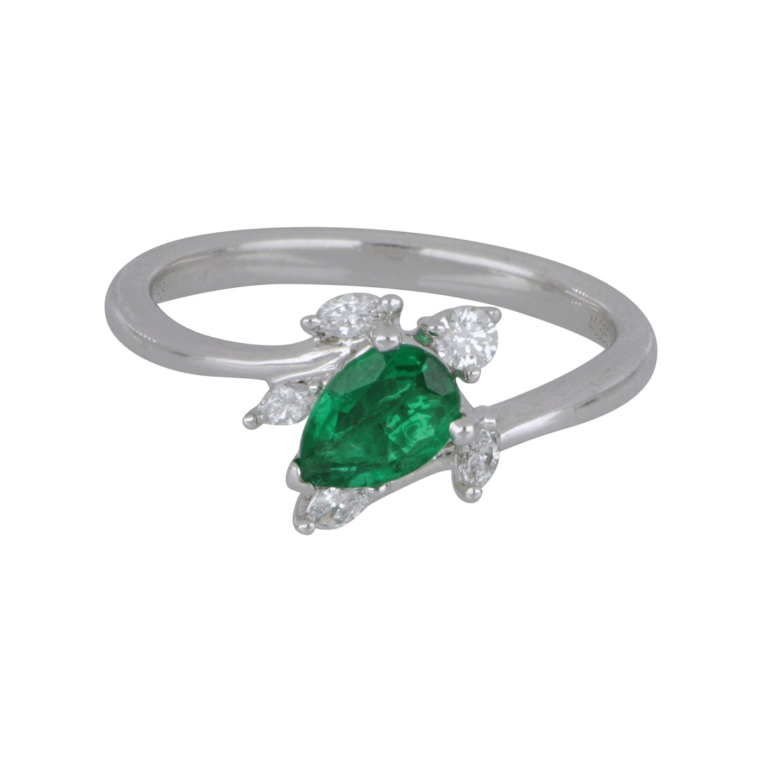 18K White Gold Turtle Emerald & Diamond Ring, Emerald 0.43 Ct, Diamond 0.17 Ct, Size 6.5