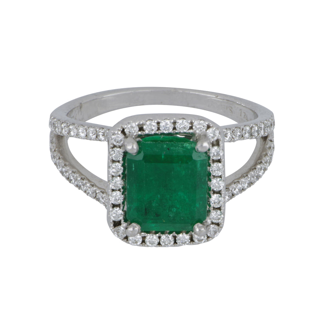 18K White Gold Split Shank Emerald-Cut Emerald & Diamond Ring, Emerald 1.91 Ct, Diamond 0.54 Ct, Size 6.5