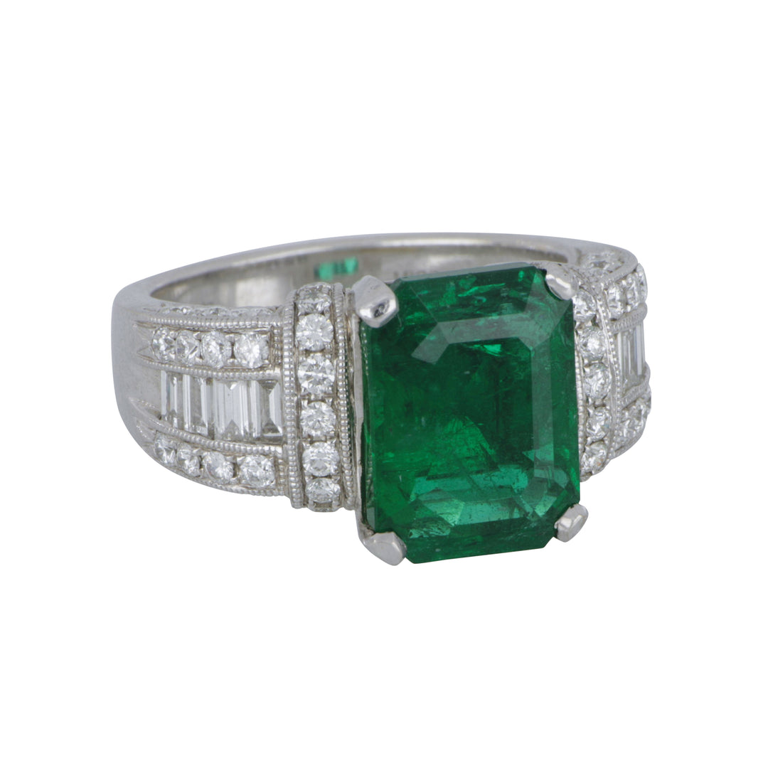 18K White Gold Emerald-Cut Emerald & Diamond Ring, Emerald 4.53 Ct, Diamond 1.20 Ct, Size 6.5
